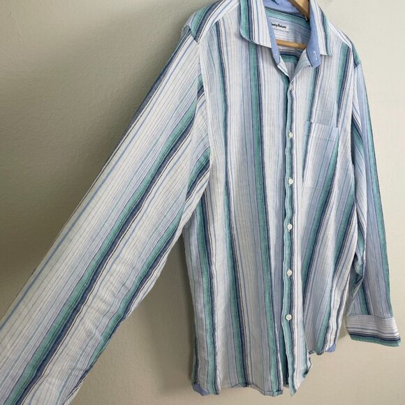 Tommy Bahama Mens Large Stripe Linen Blend Button Up Shirt Long Sleeve Top - Picture 3 of 10